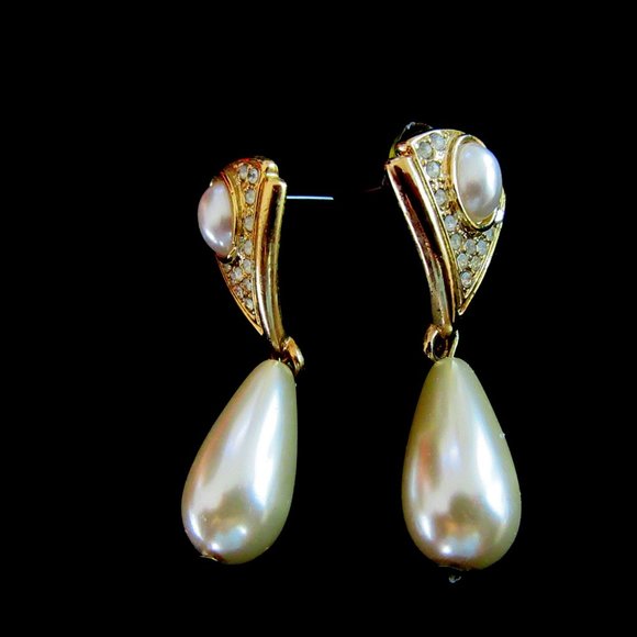 Art Deco Revival faux pearl & rhinestone dangling pierced earrings - Picture 5 of 7